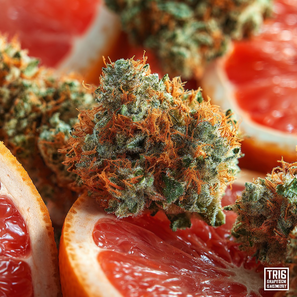 ดอกกัญชาสายพันธุ์ Grapefruit Strain คู่กับผลเกรปฟรุตสด ดอกสีเขียวปนส้ม เคลือบไตรโคม