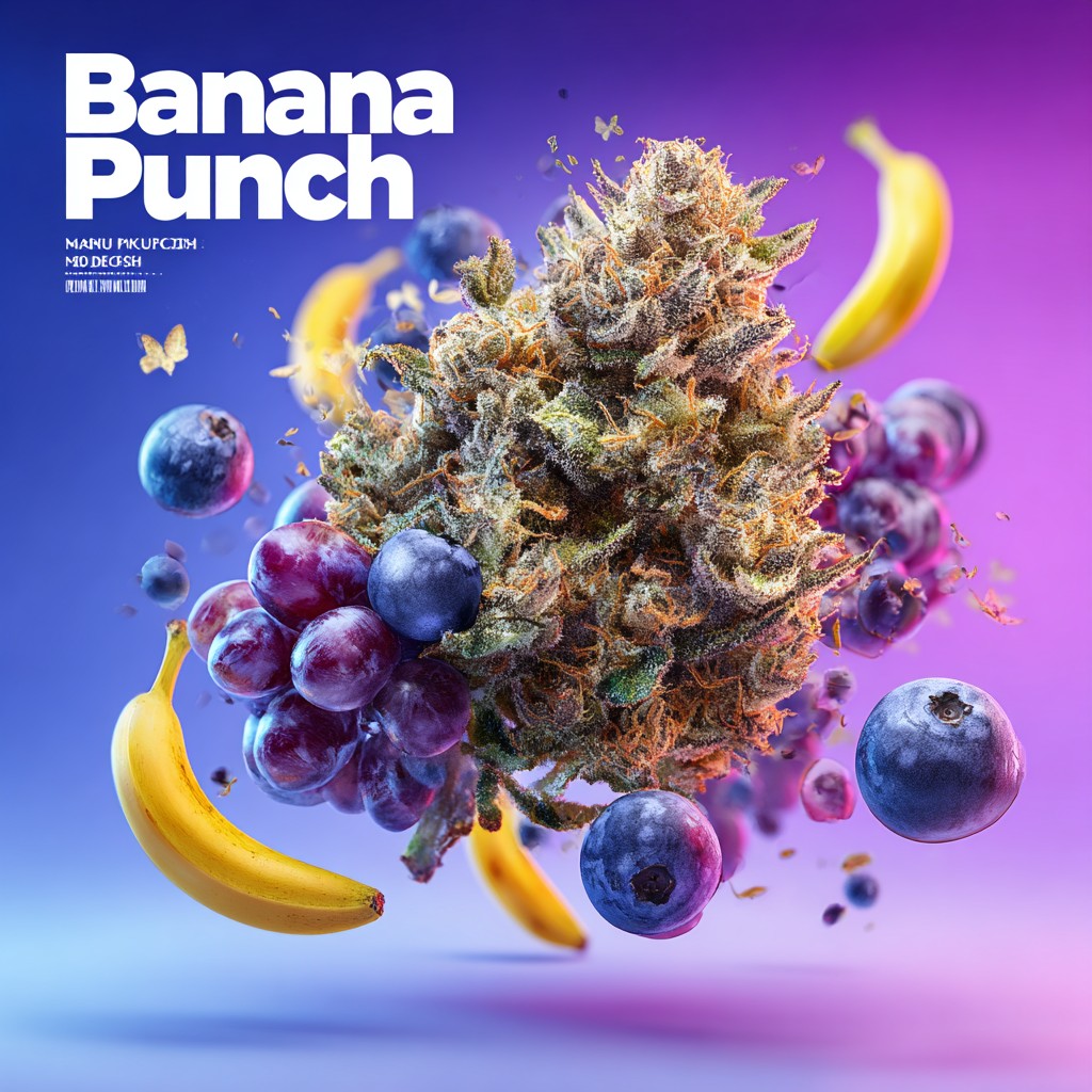 ดอกกัญชา Banana Purple Punch สีม่วง เขียว มีผลกล้วยและองุ่นประกอบ