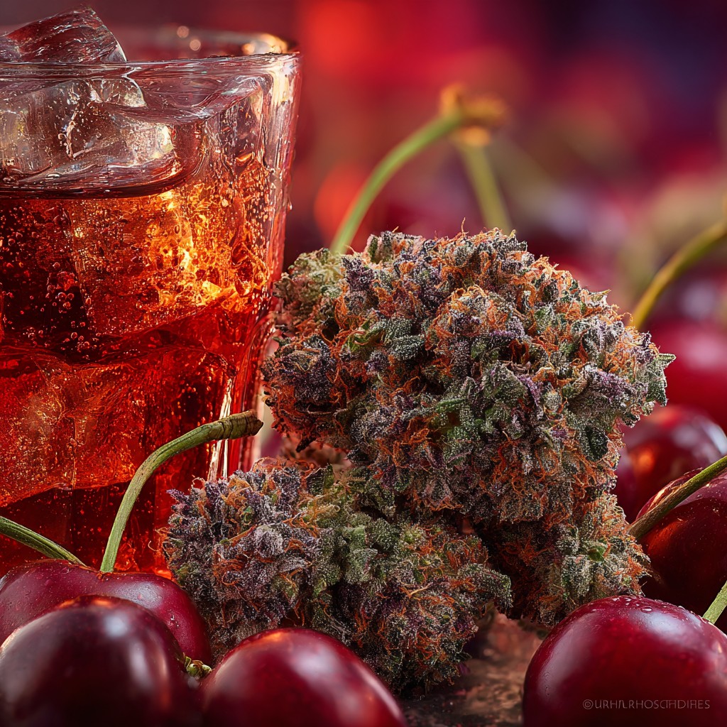 ดอกกัญชาสายพันธุ์ Cherry Cola สีเขียวเข้มปนม่วง มีไตรโครมระยิบระยับ พร้อมผลเชอร์รี่และแก้วโคล่าประกอบฉาก