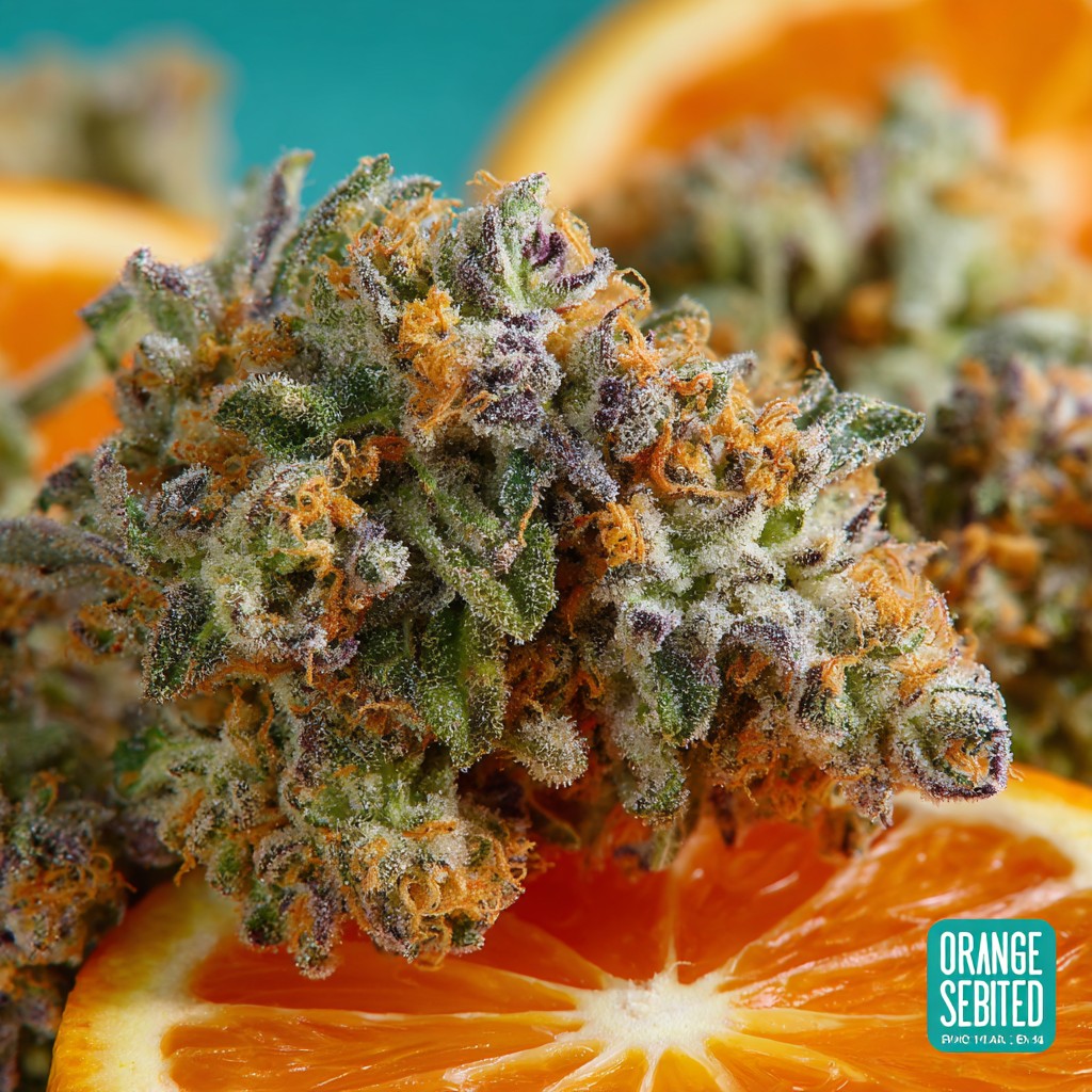 ดอกกัญชาสายพันธุ์ Orange Sherbet สีเขียวปนส้ม เคลือบด้วยไตรโคมหนาแน่น