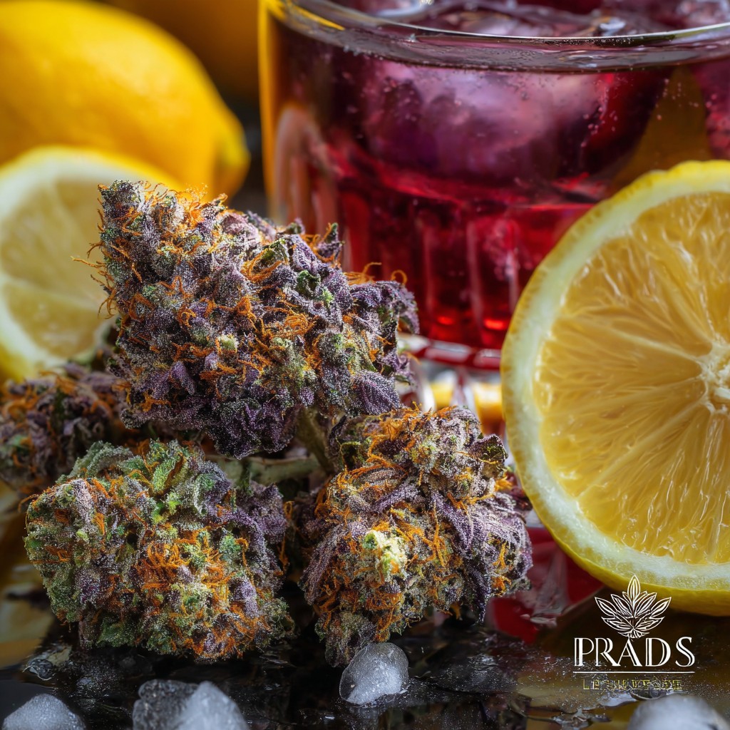 ดอกกัญชาสายพันธุ์ Purple Lemonade Strain คู่กับผลเลมอนและแก้วเลมอนเนด ดอกสีม่วงปนเขียวเคลือบไตรโคม