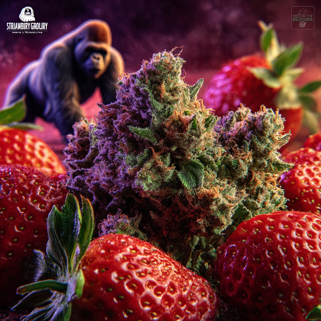 ดอกกัญชาสายพันธุ์ Strawberry Gorilla คู่กับสตรอว์เบอร์รี่สด ดอกสีเขียวปนม่วงเคลือบไตรโคม