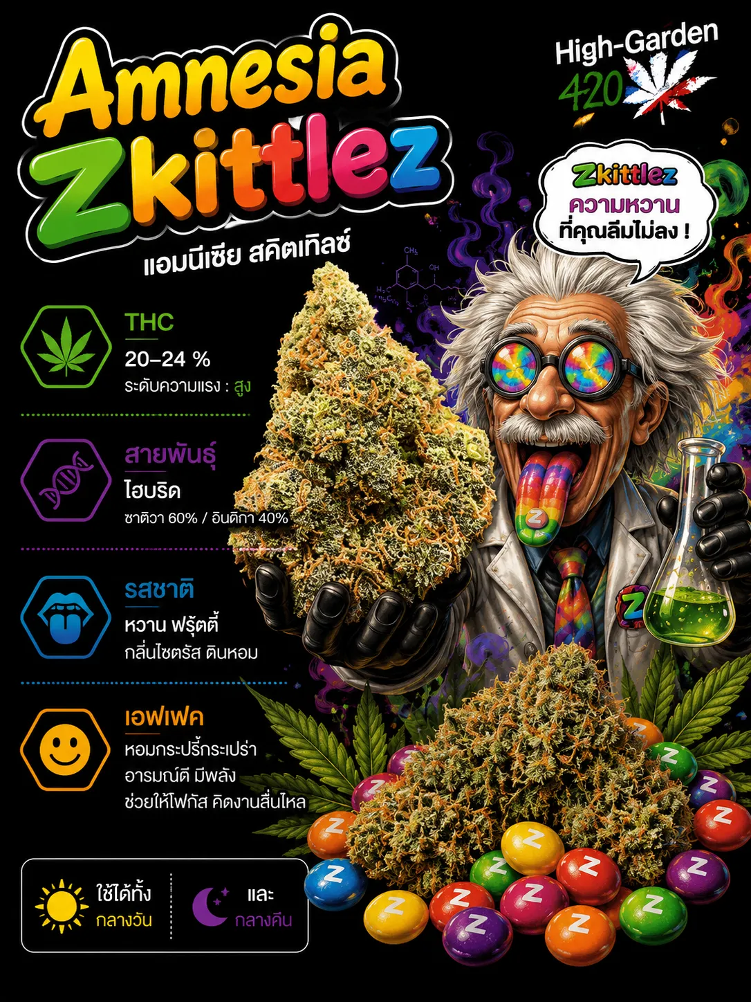 Amnesia Zkittlez สายพันธุ์กัญชาไฮบริด THC 20-24%