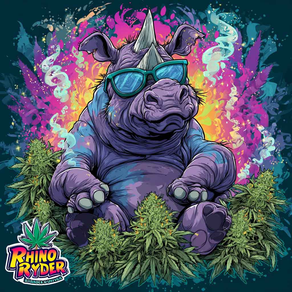 ภาพการ์ตูนกัญชาสายพันธุ์ Rhino Ryder อินดิก้าแรง THC 20% CBD 1.2% แรดนั่งชิล surrounded by cannabis buds