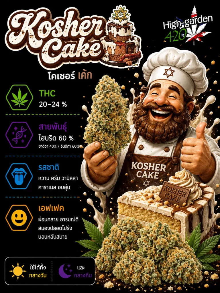 Kosher Cake strain สายพันธุ์กัญชาไฮบริด THC 20-24% จาก High-garden420