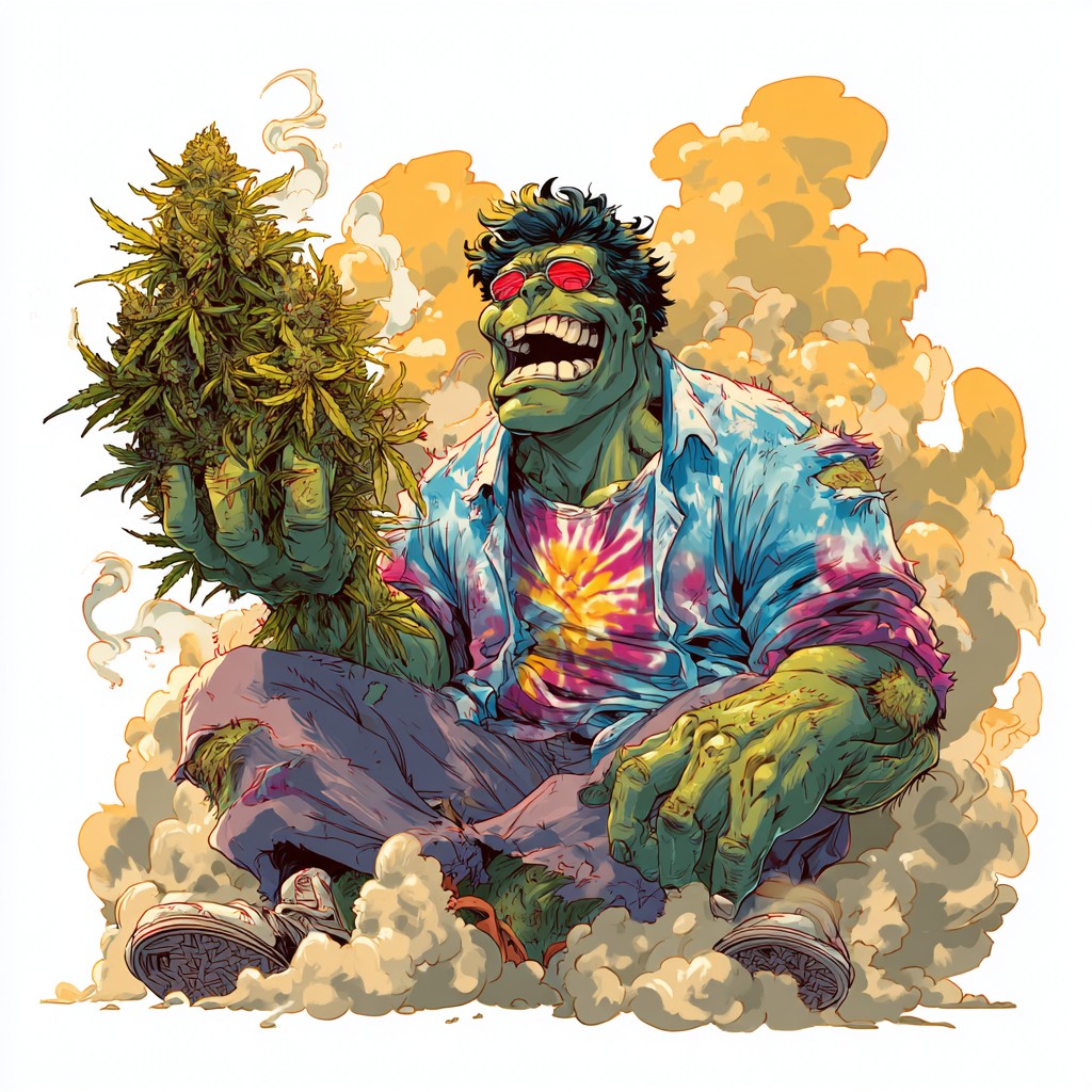 การ์ตูนฮาๆ Bruce Banner เวอร์ชันสายเขียว ถือดอกกัญชา นั่งยิ้มชิล