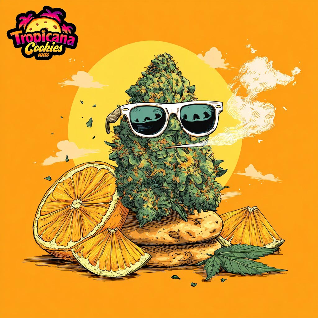 ภาพการ์ตูนดอกกัญชา Tropicana Cookies ใส่แว่นตาดำ นั่งบนส้ม สีสันสดใส