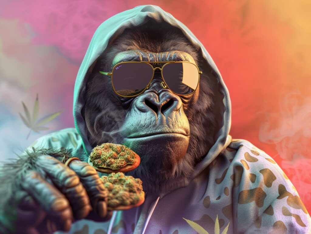 การ์ตูนกอริลลาถือคุกกี้รูปดอกกัญชา – Gorilla Cookies cannabis strain funny illustration
