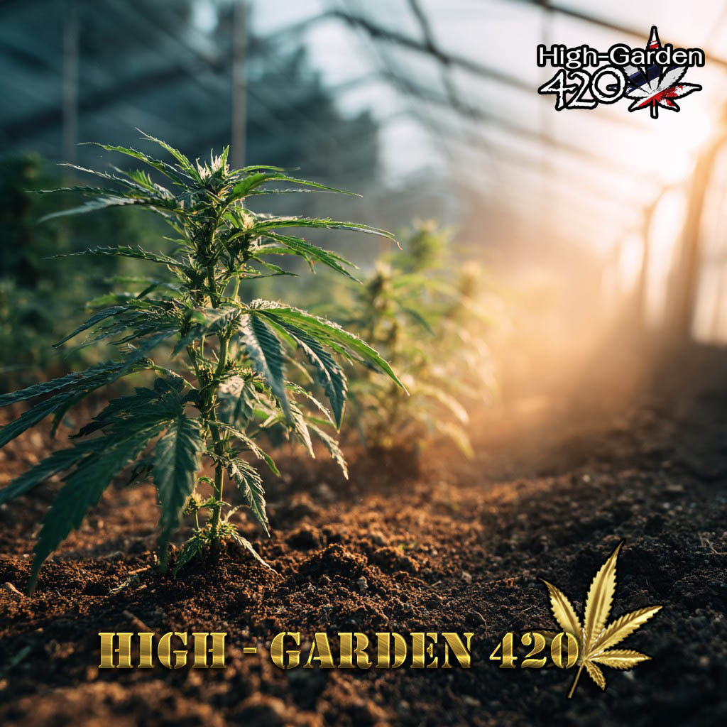 ต้นกัญชาออร์แกนิคเติบโตกลางแสงแดดในสวนธรรมชาติ High-Garden420