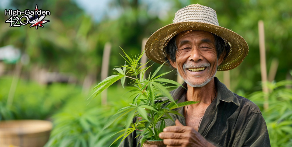 เกษตรกรไทยในฟาร์มร้านกัญชาออร์แกนิค High-garden420 ดูแลต้นกัญชาอย่างใส่ใจกลางสวนสีเขียว