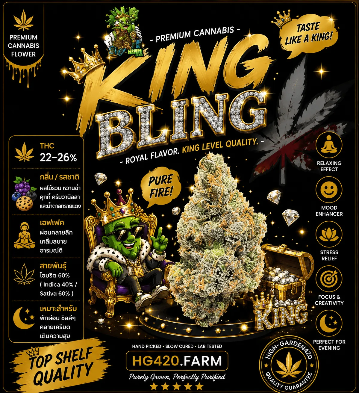 King Bling strain สายพันธุ์กัญชา Hybrid ดอกแน่นไตรโคมจัด