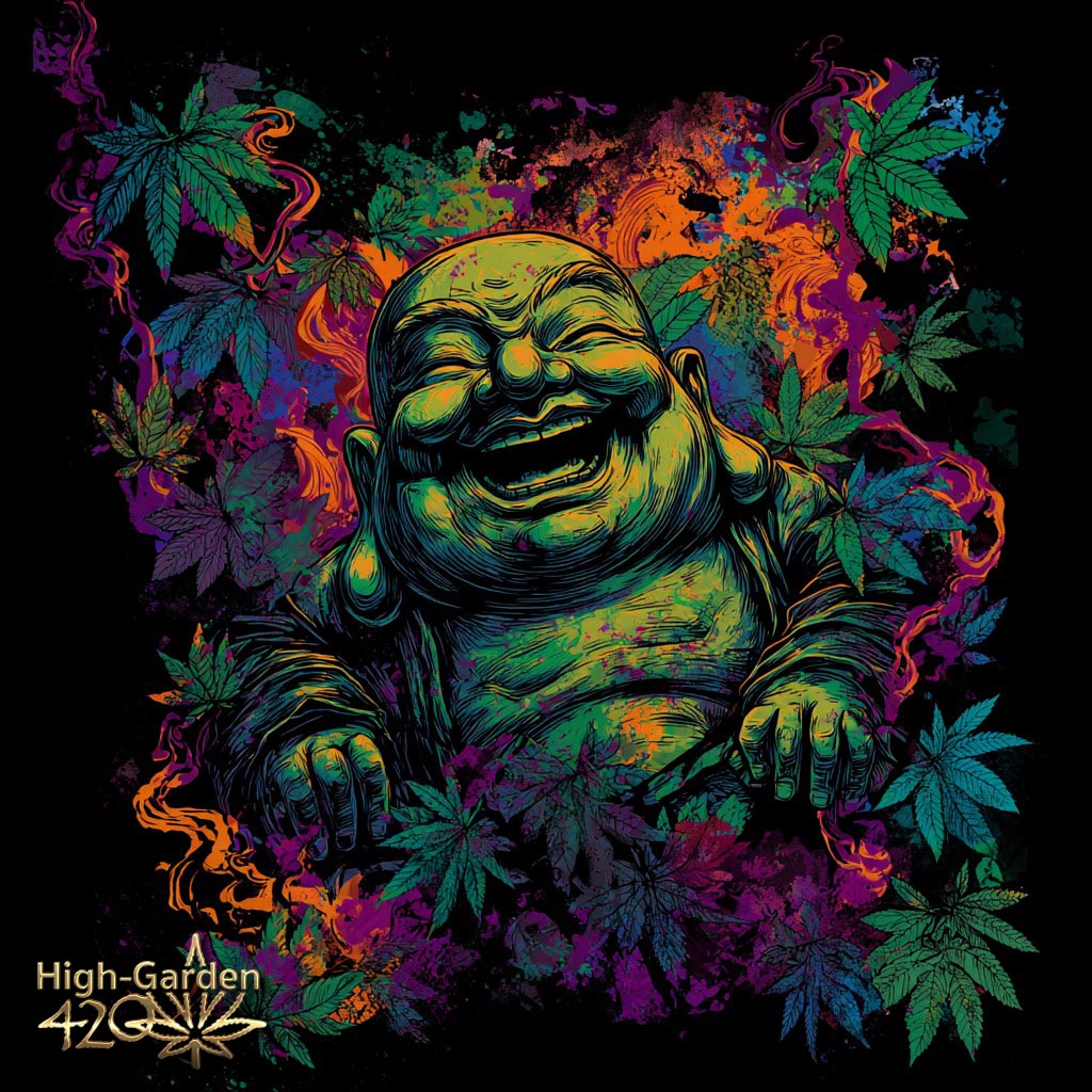 Laughing Buddha psychedelic cannabis art High-garden420