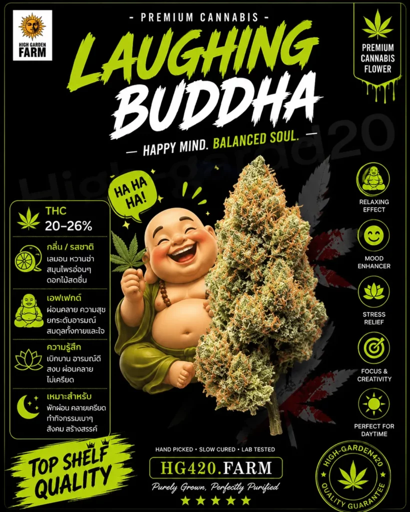 Laughing buddha สายพันธุ์กัญชา พร้อมข้อมูล THC กลิ่น รสชาติ และเอฟเฟกต์