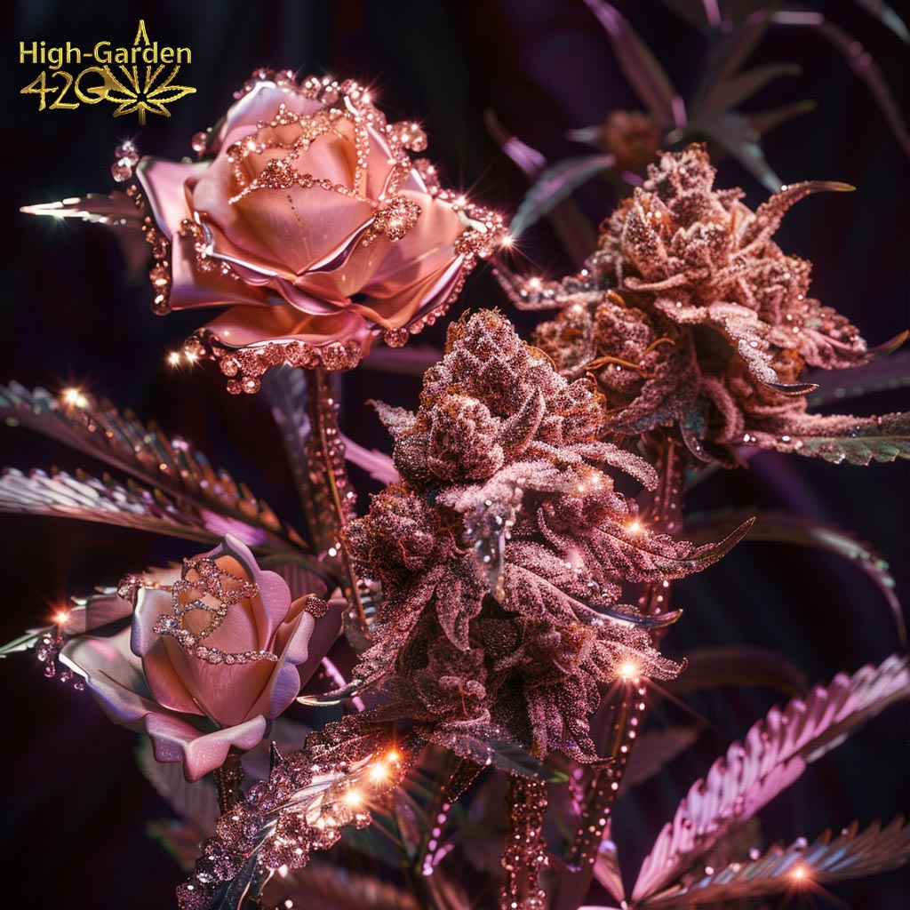 ภาพคอนเซปต์ Rose Gold Pave strain ดอกกัญชาสีชมพูทอง สไตล์หรู ไตรโคมระยิบระยับ