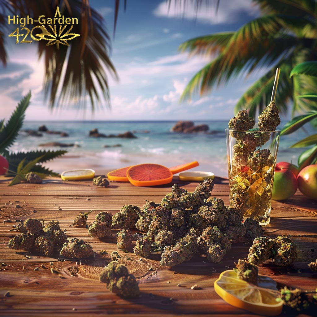 cannabis buds on tropical beach sunset scene palm trees ocean view relaxing vacation vibe
