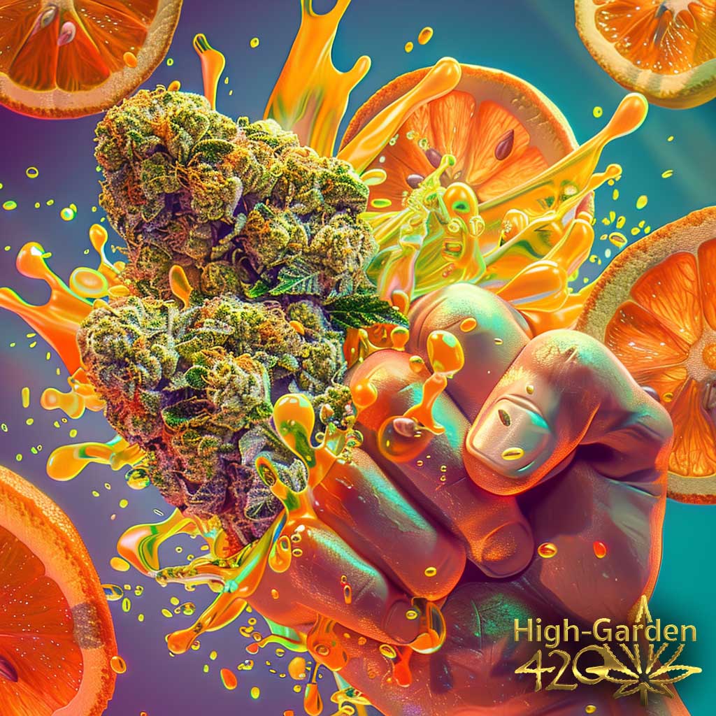 Mimosa x Orange Punch cannabis illustration bud with oranges and fist citrus splash