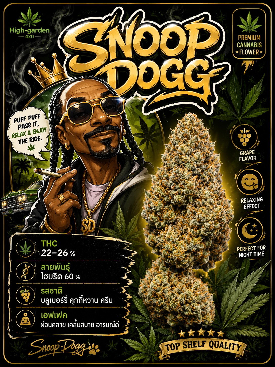 Snoop Dogg สายพันธุ์กัญชา พร้อมข้อมูล THC รสชาติ และเอฟเฟกต์