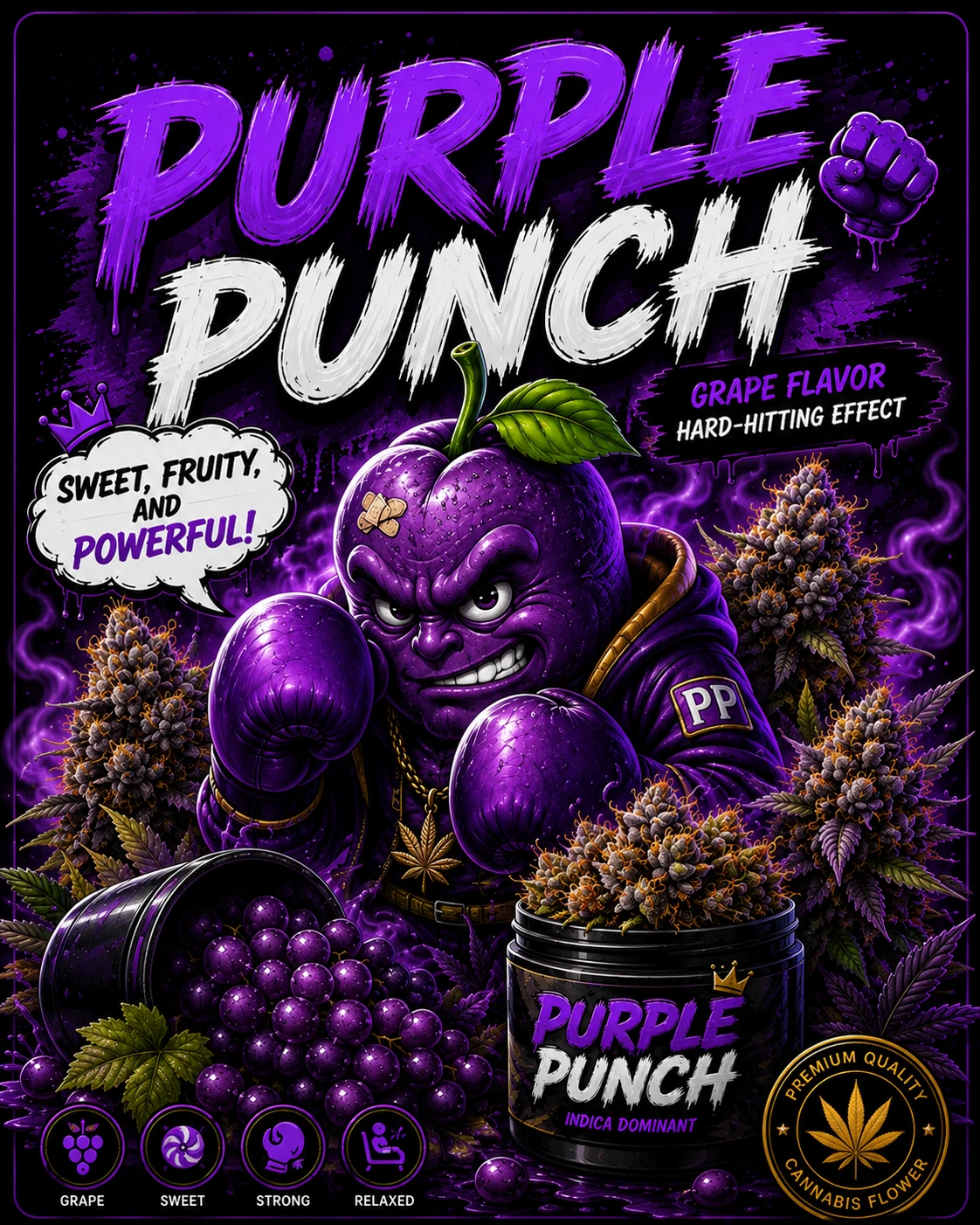 Purple Punch สายพันธุ์กัญชา Indica พร้อมการ์ตูนมาสคอต Purple Punch